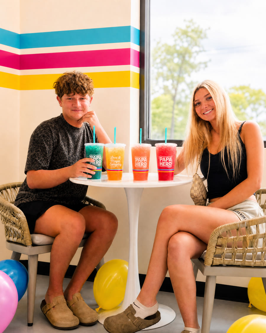 Two friends at PAPA HERO with colorful Sparks. LOVE & MAGIC Everyday on the cup.